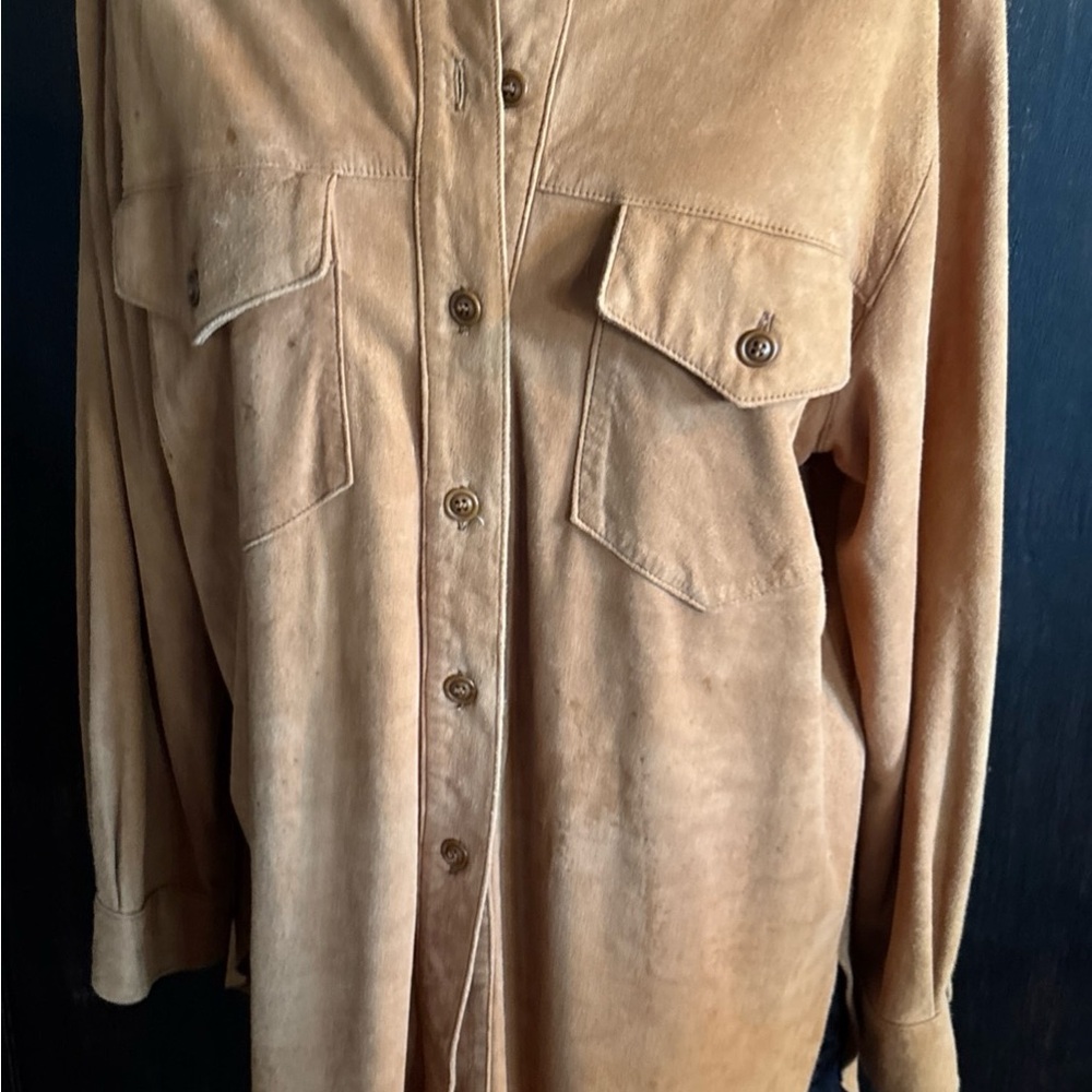 SUEDE genuine leather Peter Nygard button-front cinnamon brown shacket 12